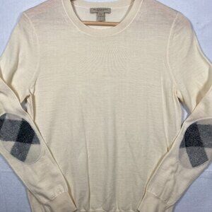 Burberry Brit Women’s Sweater Small Petite Cream Merino Wool Elbow Patch